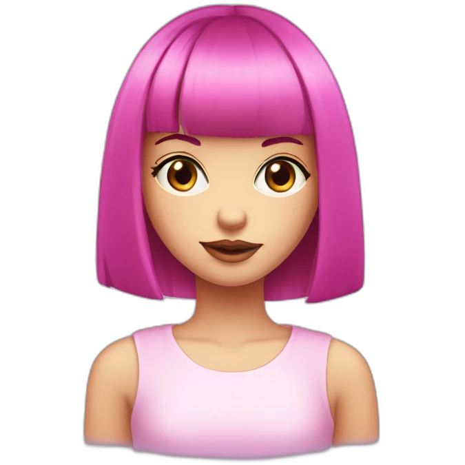 young girl, PURPLE eyes, hot pink bob haircut with bangs, fair skin emoji