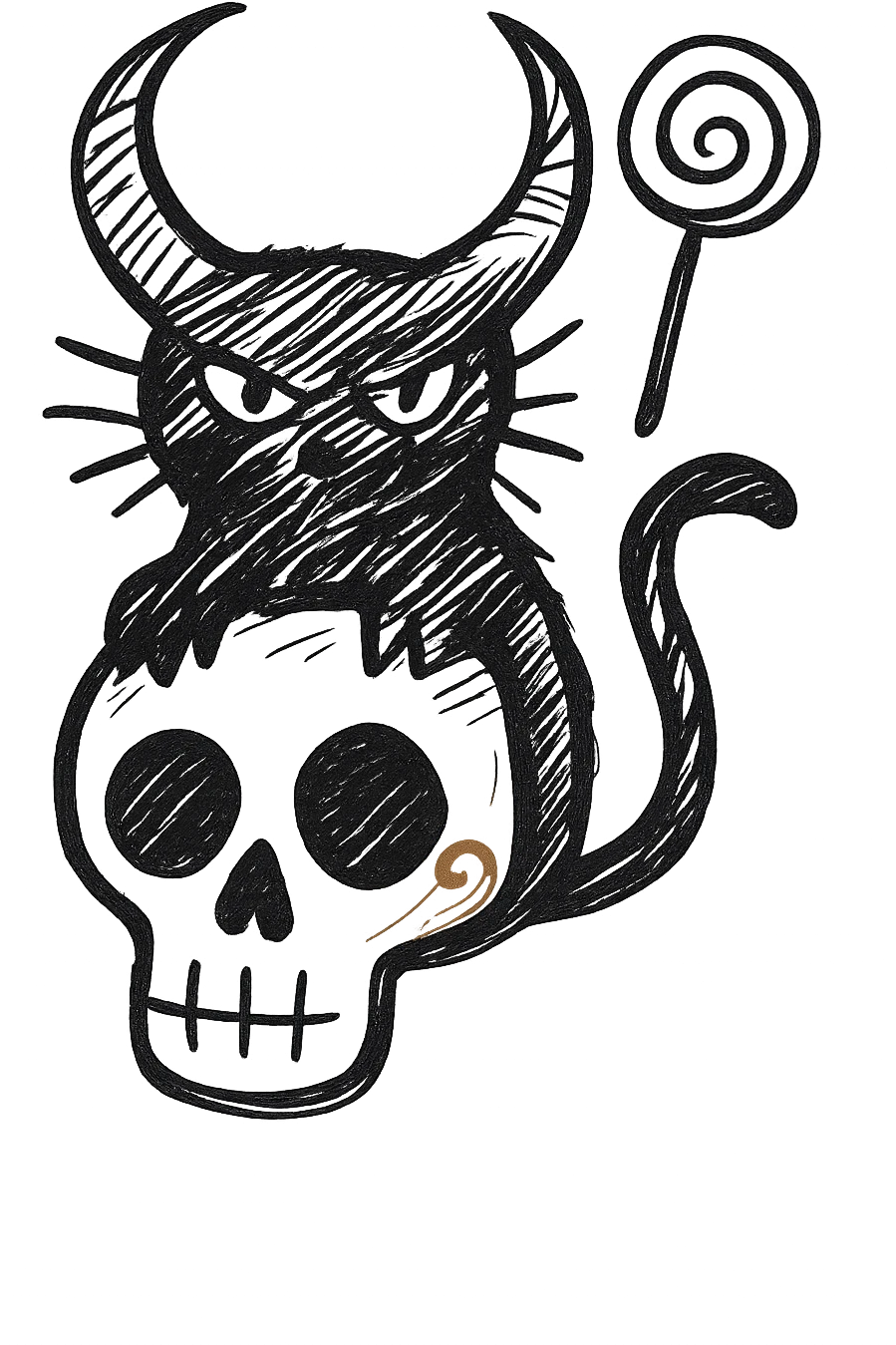 Add the iconic lollipop from the Trick 'R Treat movie hanging from one of the cat's demon horns, hand drawn style with expressive linework, no fill, preserve the red spiral on the skull, transparent background. emoji