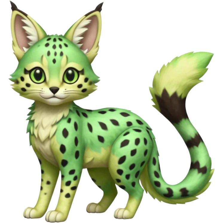 Epic complex detailed emerald-green pastel-lime-green dark-brown beige pastel realistic aesthetic-scenic-Fakémon-Sprigatito-Floragato-Meowscarada-Trico-Sergal-Serval-Vernid-creature (full body) emoji