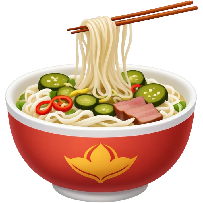 Guilin rice noodles with pickles and meat topping, simplified emoji style with bold outlines and bright colors, cartoon style rice noodle bowl emoji