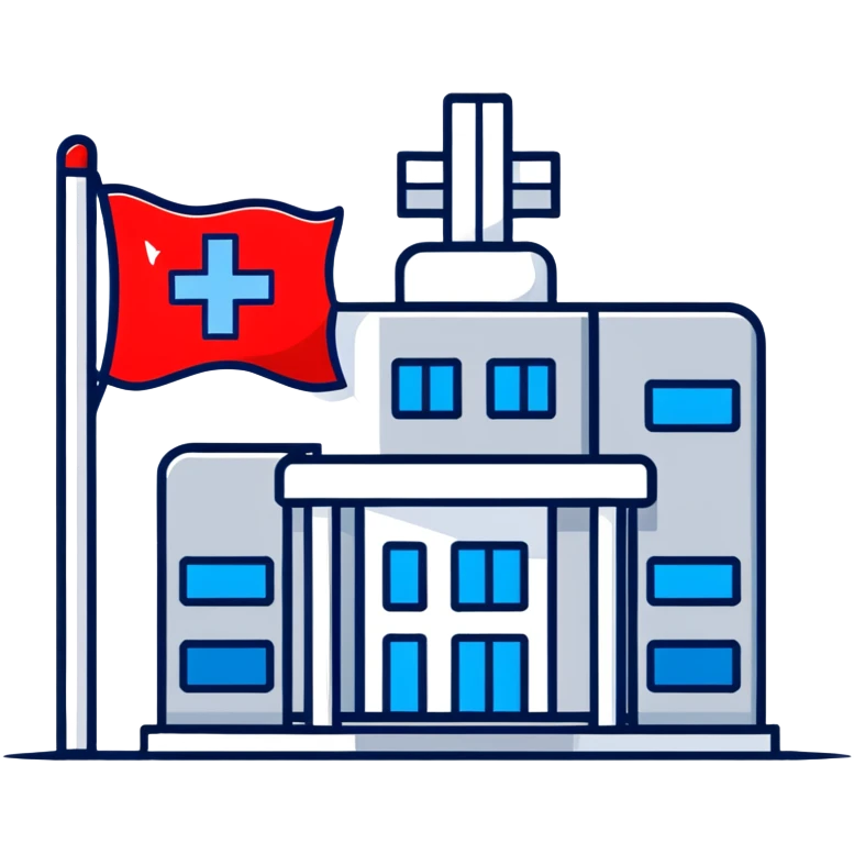 Modern hospital with Thai flag prominently displayed, medical symbol, flag with red white blue stripes emoji