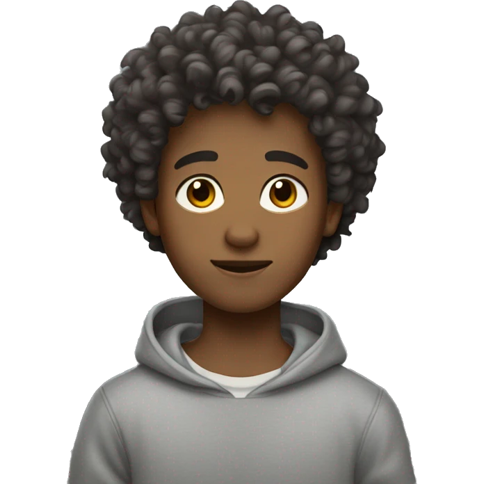 A curly boy with slightly dark skin, dark brown hair, light eyes and a gray sweatshirt emoji