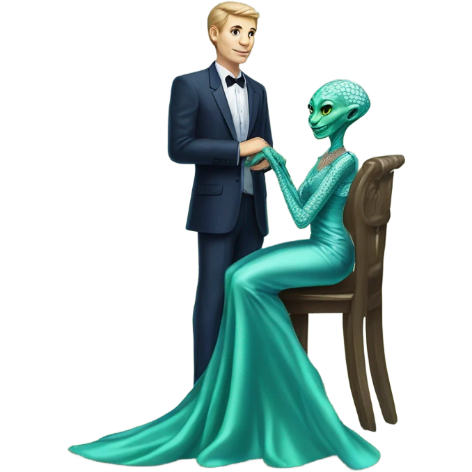 alien reptilian green skin woman, in long slim pastel blue formal party satin dress with gradient shiny sparkling navy blue diamonds embroidered , and caucasian man in black dres on his knees asks her to marry her emoji