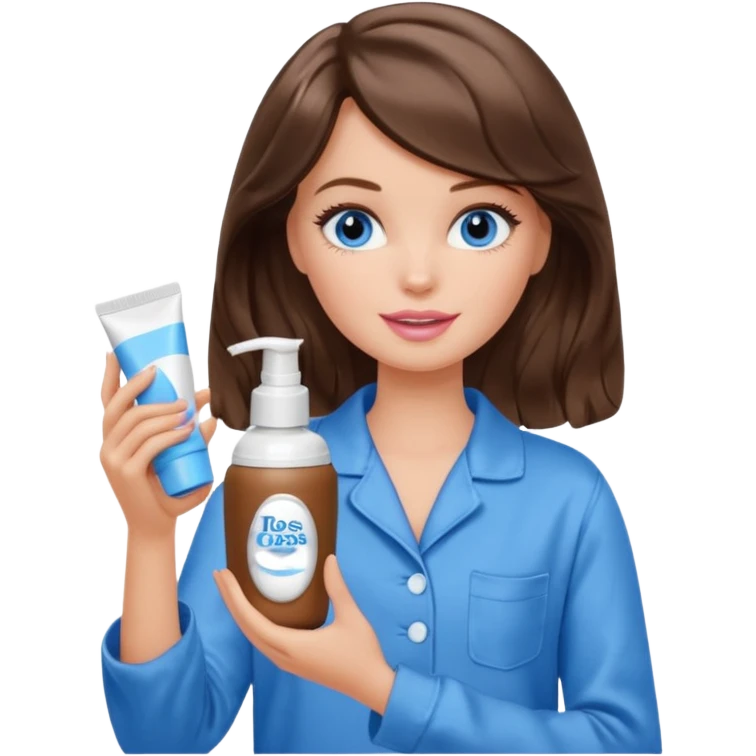 Barbie girl with makeup, blue eyes , and bob long haircut wavy, short brown hair in brown pajamas, face cream in hand emoji