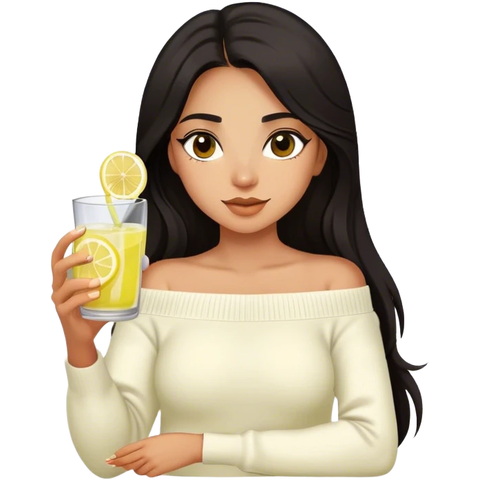 Latina girl with dark long hair and dark eyes and olive skin wearing white off shoulder sweater with lemonade in glass with lemon in hand emoji