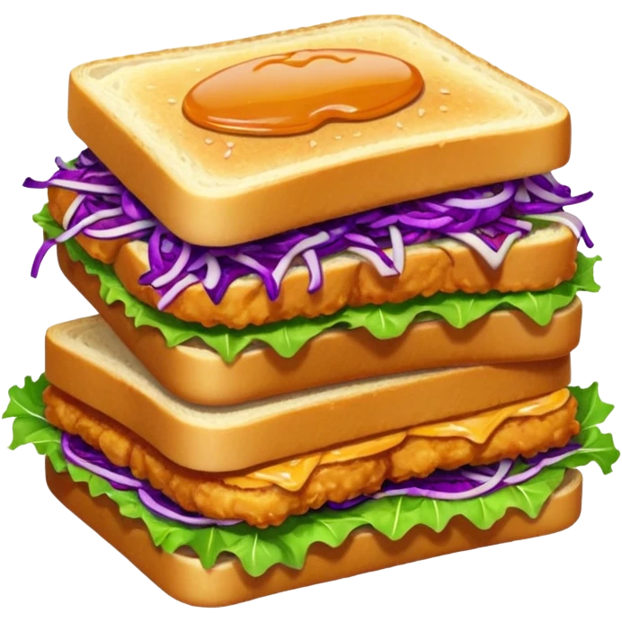 Burning hot, spicy,  stacked chicken sandwich — two thick golden toast slices, a crispy breaded chicken fillet, green lettuce, and purple cabbage slaw, with glossy dark sauce dripping down the sides. emoji