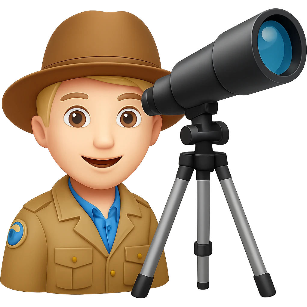 Make the telescope much bigger, keep the explorer happy, in emoji style with no background. emoji