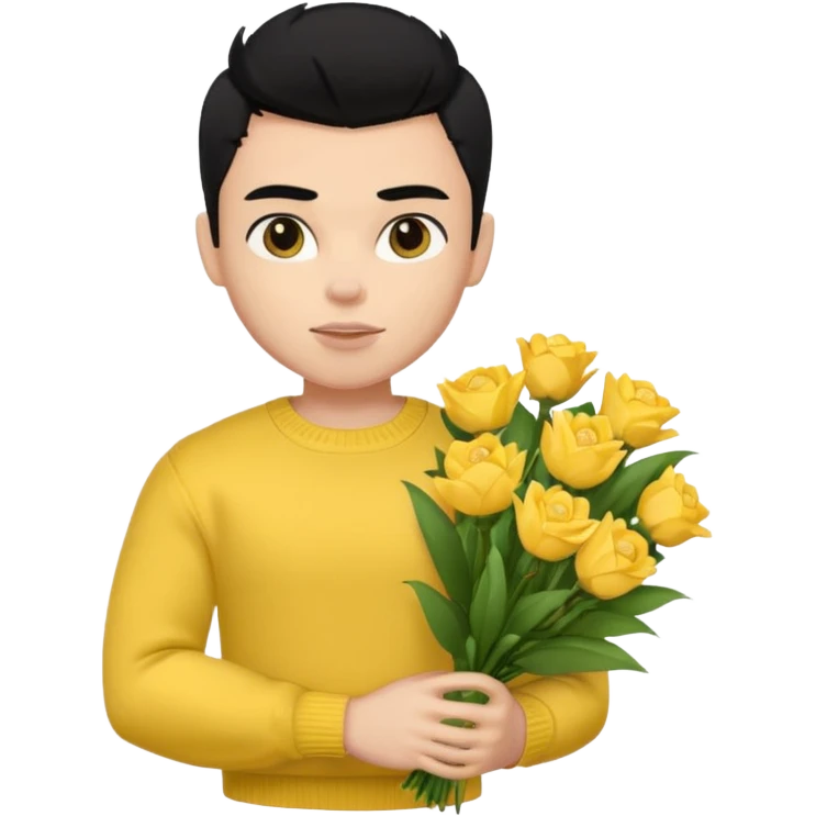 a pretty bratz guy carrying a bouquet and a yellow sweater. Muscled. black hair emoji