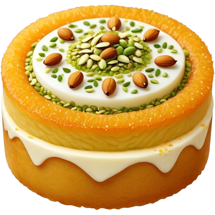 A small round emoji of traditional kanafeh with golden-orange crispy threads, a gooey white cheese center, and a light sprinkle of green pistachios. Warm and delicious-looking. emoji