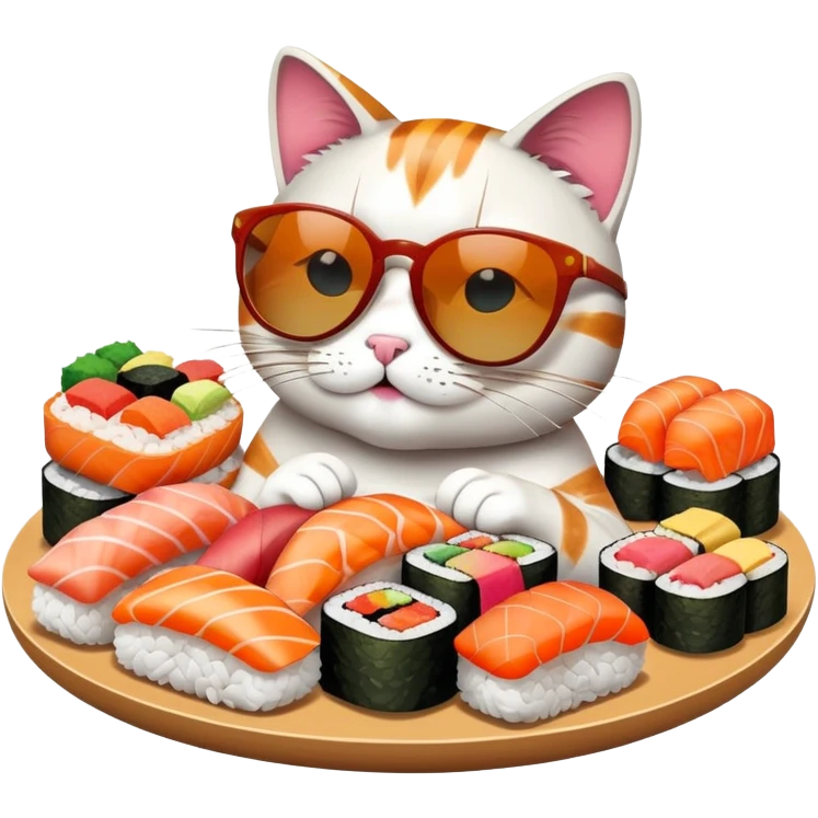 cool cat wearing sunglasses eating a big pile of colorful sushi pieces, stylish cat enjoying sushi emoji