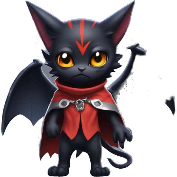 Cute edgy cool beautiful realistic vampiric dark eldritch fantasy Litten-Fakémon-Digimon with bat-wings as ears full body, cloak, choker collar, harness, leg straps emoji