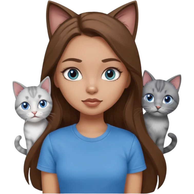 a pretty bratz dusky light skin girl with long brown hair, blue eyes with six cats nd wearing a grey tshirt emoji