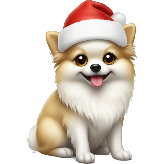 White dog Pomeranian spitzh wearing Christmas hat and sitting  emoji