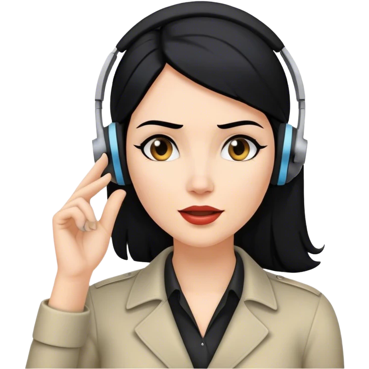 white Woman  with black hair with headset and her hand in her left ear like trying ti hear better like a spy enjoying the gossip emoji