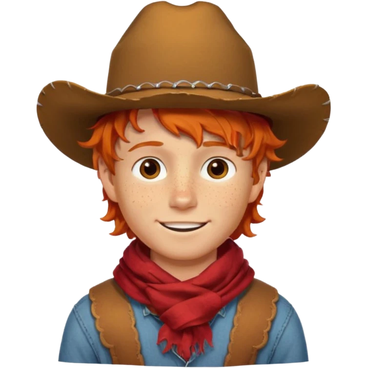 a wavy orange hair boy wearing a cowboy hat with a mischievous grin and freckles with western red scarf on his neck emoji
