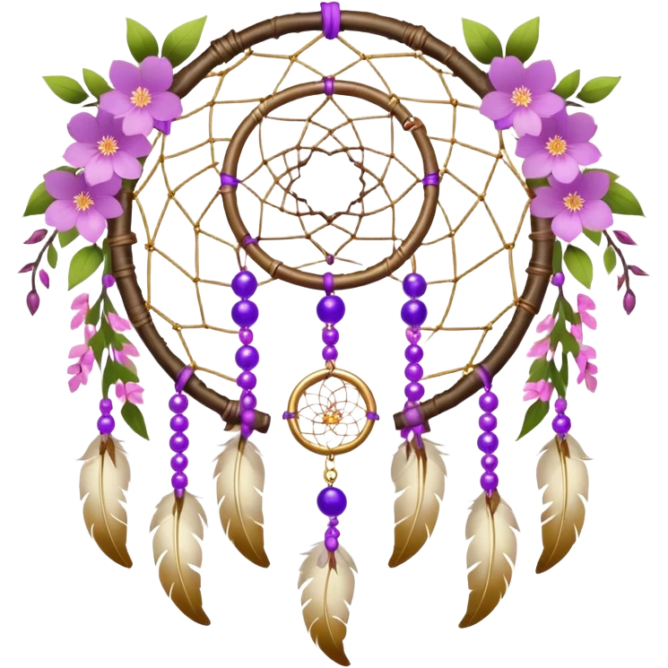 A white-birch-Dreamcatcher. with purple-round-orbs, gold-rings hanging down. purple flowers, pink sakura flowers, emoji