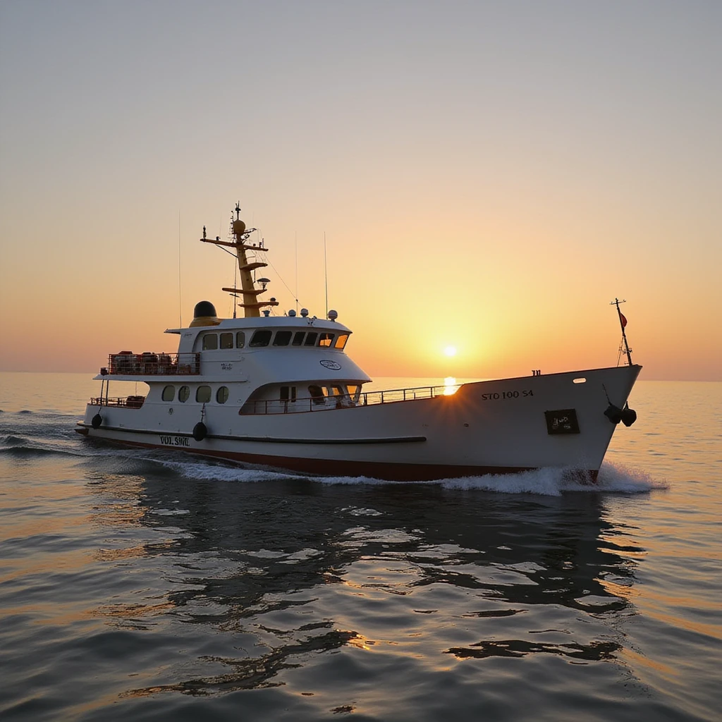 small modern merchant ship, during sunset emoji