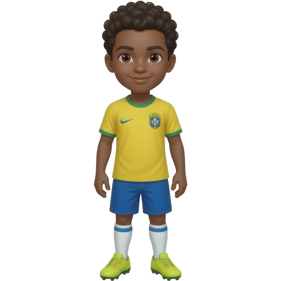 CREATE A BOY FULL BODY A YELLOW BRAZIL SHIRT AND BLUE SHORTS MAKE HIM HAVE CURLY SHORT BLACK HAIR  WITH YELLOW NEON CLEATS AND MAKE HIM WHITE SKI\N emoji