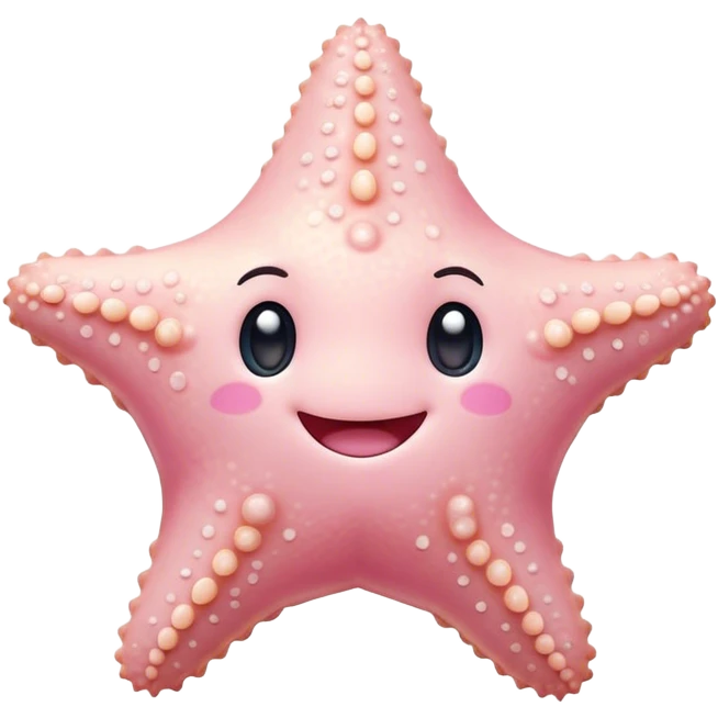 Cinematic cute round starfish, pastel pink, soft bumpy texture, tiny happy face, slightly tilted, glowing warmly, sparkling with gentle ocean magic. emoji