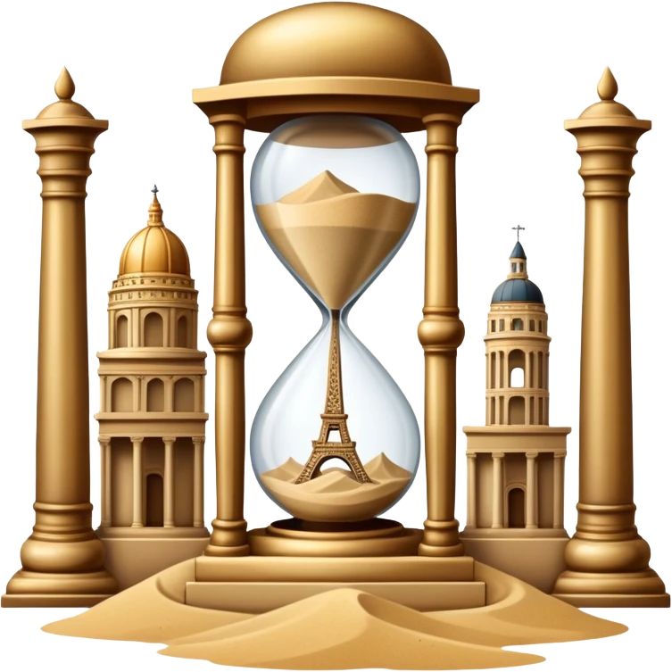 icon featuring ancient scrolls, quill pen with famous historical landmarks and monuments in the background. Large, antique sand clocks with sand pouring out represent the passage of time. Historical figures are depicted as statues. Transparent background. emoji