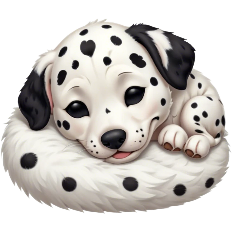 Meme-Worthy Cute Sleeping Spotted Dalmatian Portrait Emoji, Head resting peacefully with a contented smile, showcasing a delightfully majestic build and a luxuriously soft Fur of predominantly white with bold black patches, eyes shut in a serene nap, Simplified yet hilariously adorable features, highly detailed, glowing with a soft, drowsy light, high shine, relaxed and utterly lovable, stylized with an air of playful laziness, bright and heartwarming, soft glowing outline, capturing the essence of a comically sleepy guardian, so meme-worthy it feels like it could instantly become the next viral sensation of adorable slumber! emoji