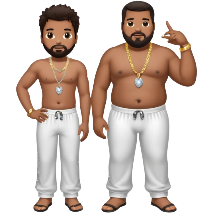 Fatman Scoop with dark brown hair, white sequin baggy pants, shirtless with necklace emoji