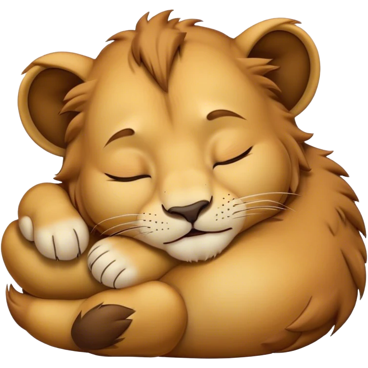 Meme-Worthy Cute Sleeping Lion Cub Portrait Emoji, Head resting peacefully with a contented smile, showcasing a robust build and a luxuriously soft tawny Fur with a flowing mane, eyes shut in a serene, restful nap, Simplified yet hilariously adorable features, highly detailed, glowing with a soft, drowsy light, high shine, relaxed and utterly lovable, stylized with an air of playful laziness, bright and heartwarming, soft glowing outline, capturing the essence of a comically sleepy Lion Cub, so meme-worthy it feels like it could instantly become the next viral sensation of adorable slumber! emoji