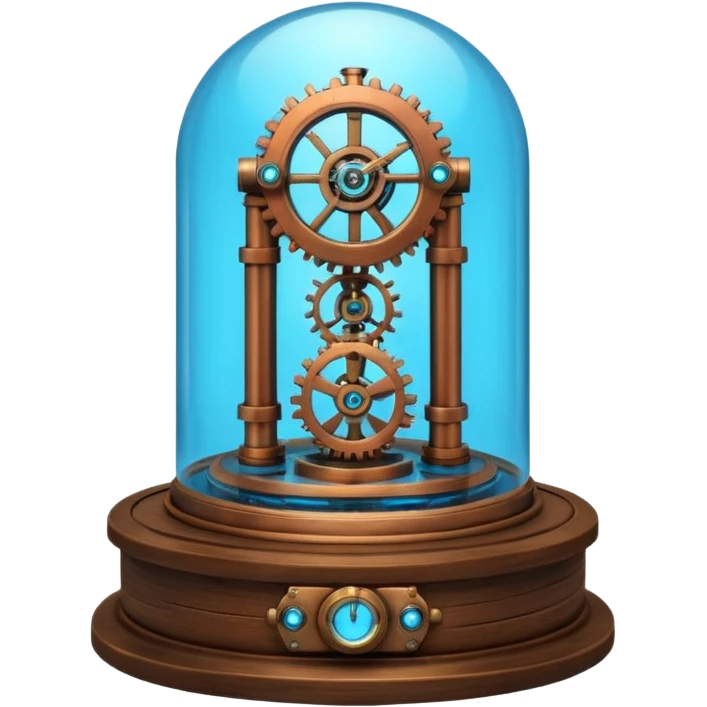 Portrait of a steampunk-style time machine with brass gears, glowing blue core, and glass dome emoji