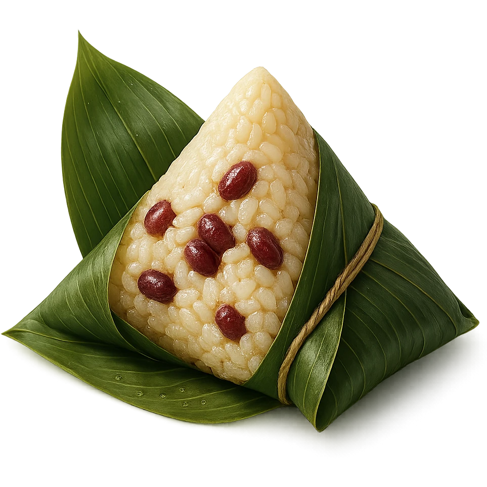 zongzi with visible sticky rice and red bean filling, wrapped in green bamboo leaves, for Dragon Boat Festival emoji