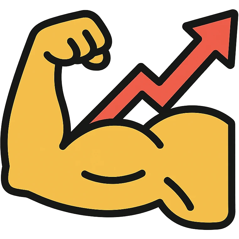 colored icon of a strong flexed arm with an upward and to the right graph arrow, symbolizing increasing strength emoji