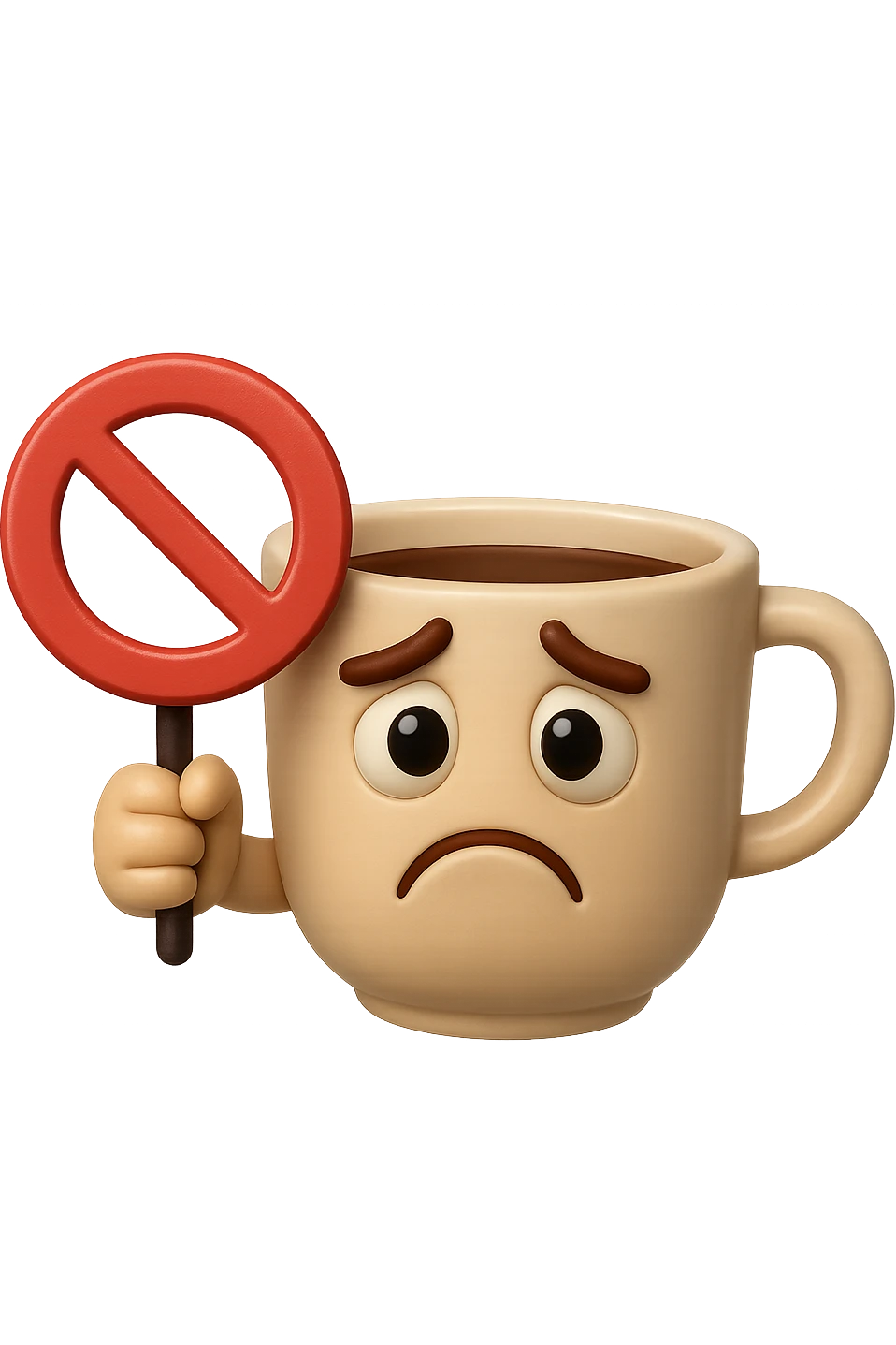 emoji stile iphone di una tazzina di caffè con espressione triste in volto mentre tiene un divieto in mano, iperrealistico 4k emoji