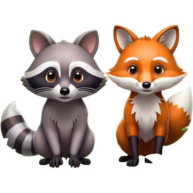 Collage of a raccoon and a fox, in close-up, set in a beautiful forest with tall trees, green bushes, and sunlight filtering through the leaves. Both animals look curious and playful. A vibrant, wild atmosphere with a transparent background. emoji