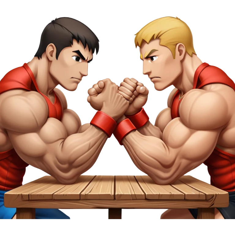 Two powerful arms locked in an intense arm wrestling competition. One arm is strong and steady, while the other strains to push back. The background shows a simple table with a focus on the clash of strength and determination. Transparent background. emoji