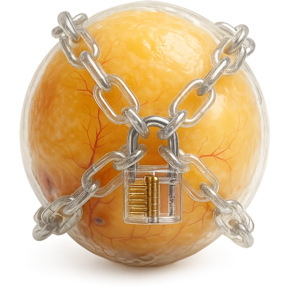 adipocyte with transparent chains and padlock, hyper realistic 4K, cellular details, surreal atmosphere, white background emoji