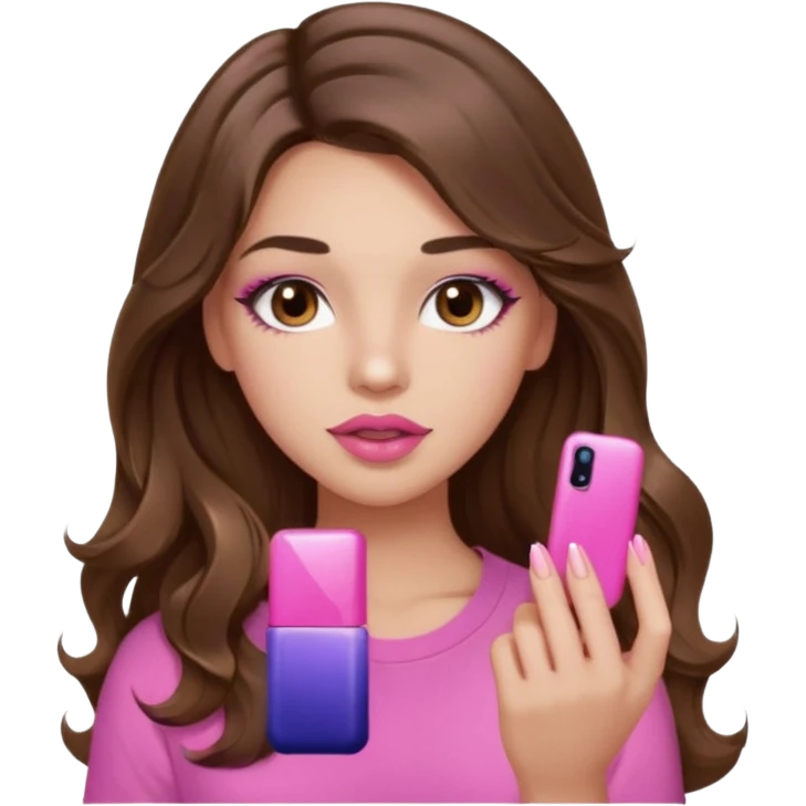 girl with long wavy brown hair, brown eyes, light to medium complexion, in a pink shirt, pink lips, long lashes, puckered lips, showing off a pink manicure emoji