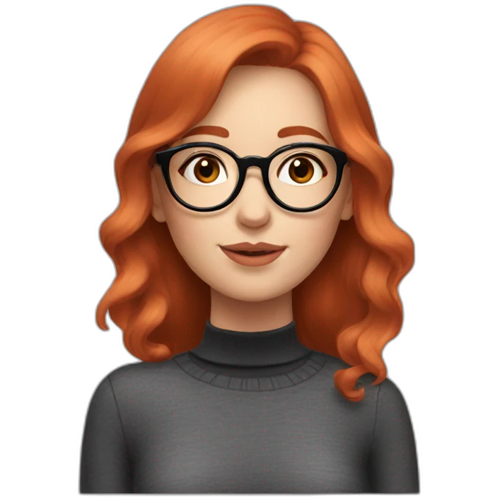 redhead girl with round glasses and pink blush on her cheek wearing a black turtleneck emoji