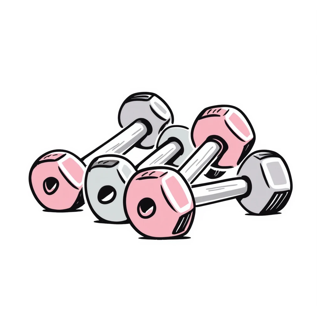 A set of fitness dumbbells with hexagonal ends in pastel colors (dd9fb0, ffc6d3, a3bfc9, c4bee2, f1b091), hand-drawn doodle style emoji