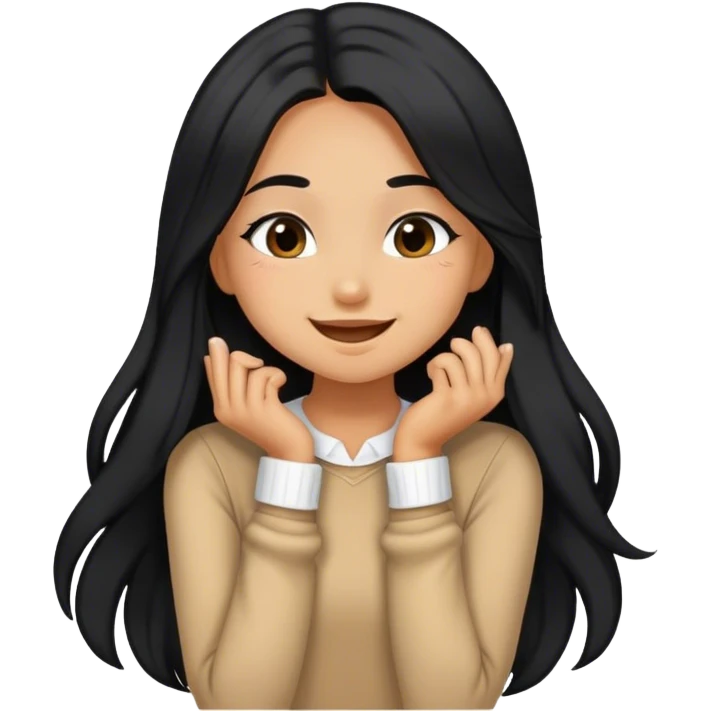 Tan girl with black long hair classy kisses smiles and cute outfit emoji
