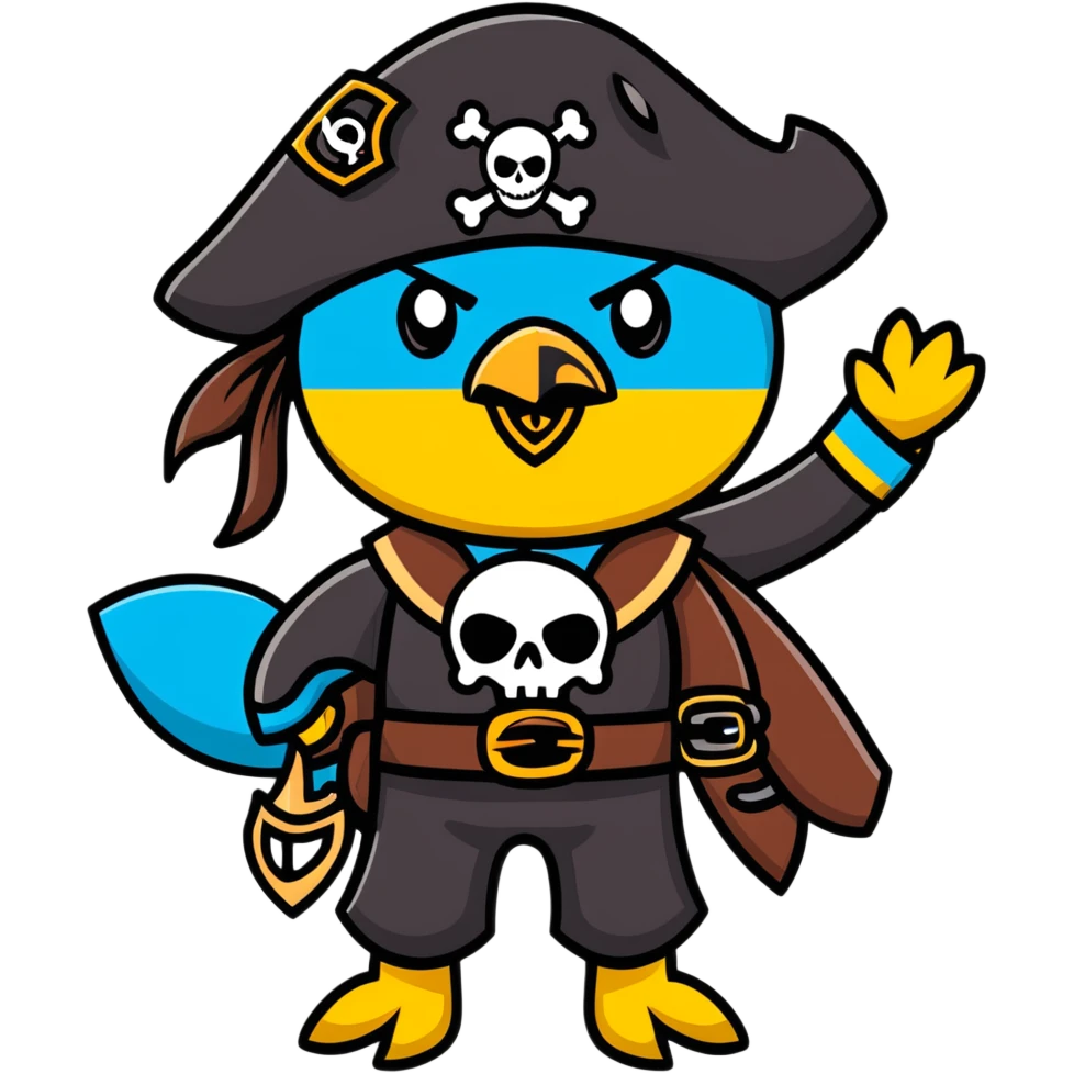 Pirate character with Kazakhstan flag colors and elements, eye patch, pirate hat with Kazakhstan eagle symbol emoji