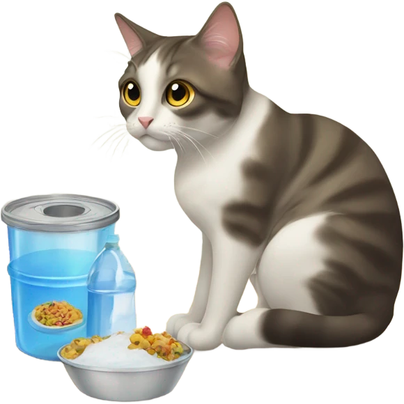 Cat sitting at the floor and staring at her food and water  emoji