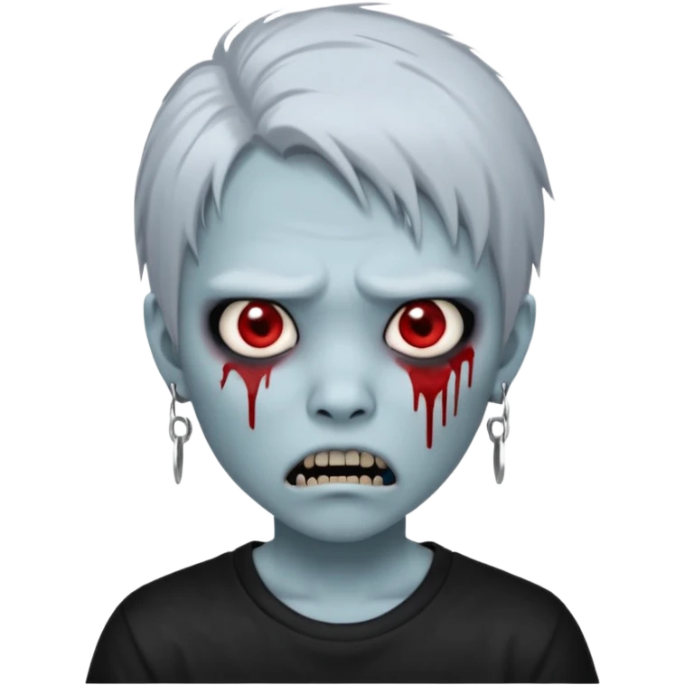 Create a 3D emoji-style avatar with very pale blue-grey zombie skin like the reference image, a young Asian face, and large eyes with blood tears. Give it white mullet hair style , silver hoop earrings, and a plain black T-shirt. The face expression should be slightly angry, with vampire fang  emoji