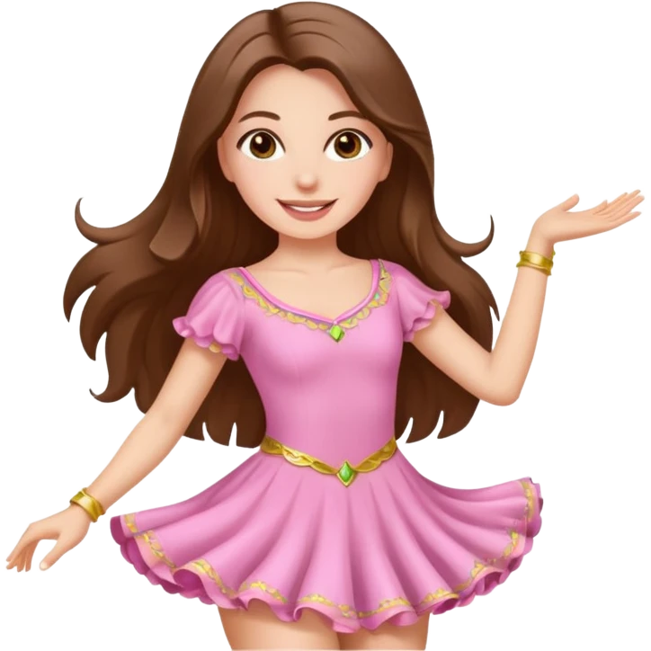 happy white long brunette hair girl with hazel eyes in light pink salsa dancing emoji