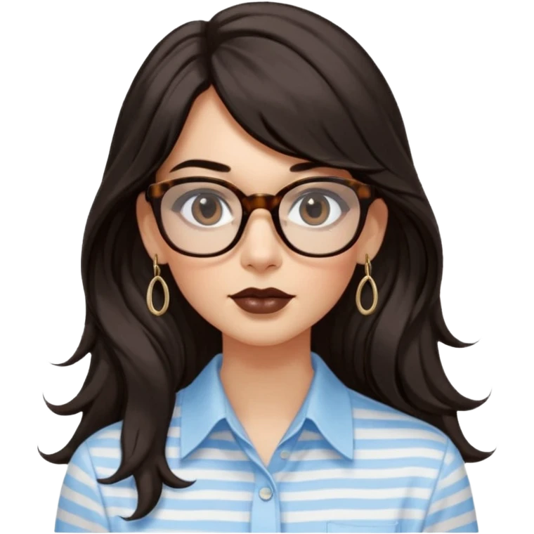 An emoji featuring a woman with very long wavy dark brown hair and a whispy straight bang, wearing thick tortoise square shaped glasses, drop earrings. She has long lashes, black eyeliner and a nude browny glossy lipstick. She's wearing an oversize light blue shirt with white vertical strips.  emoji