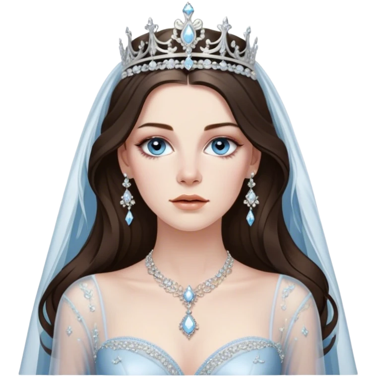 see through long sleeve vivienne westwood style wedding dress with dainty diamonds hanging down from the waist. long brunette haired women with silver jewelry and tiara. medium blue eyes. long eyelashes. emoji