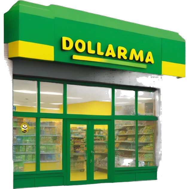 “Exterior of a Dollarama store with the bright green facade, bold yellow Dollarama sign, large front windows, and entrance doors, capturing the look of a budget-friendly retail store.” emoji