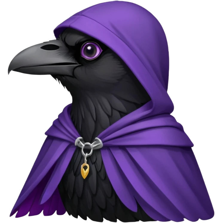 black realistic raven wearing a purple and black hooded cloak emoji