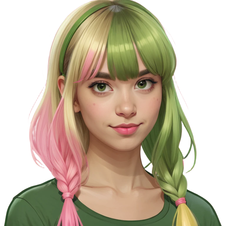 Zombiegreen girl with blonde hair, bangs, and a pink strand on the left side of the hair, which is also half of the bangs emoji