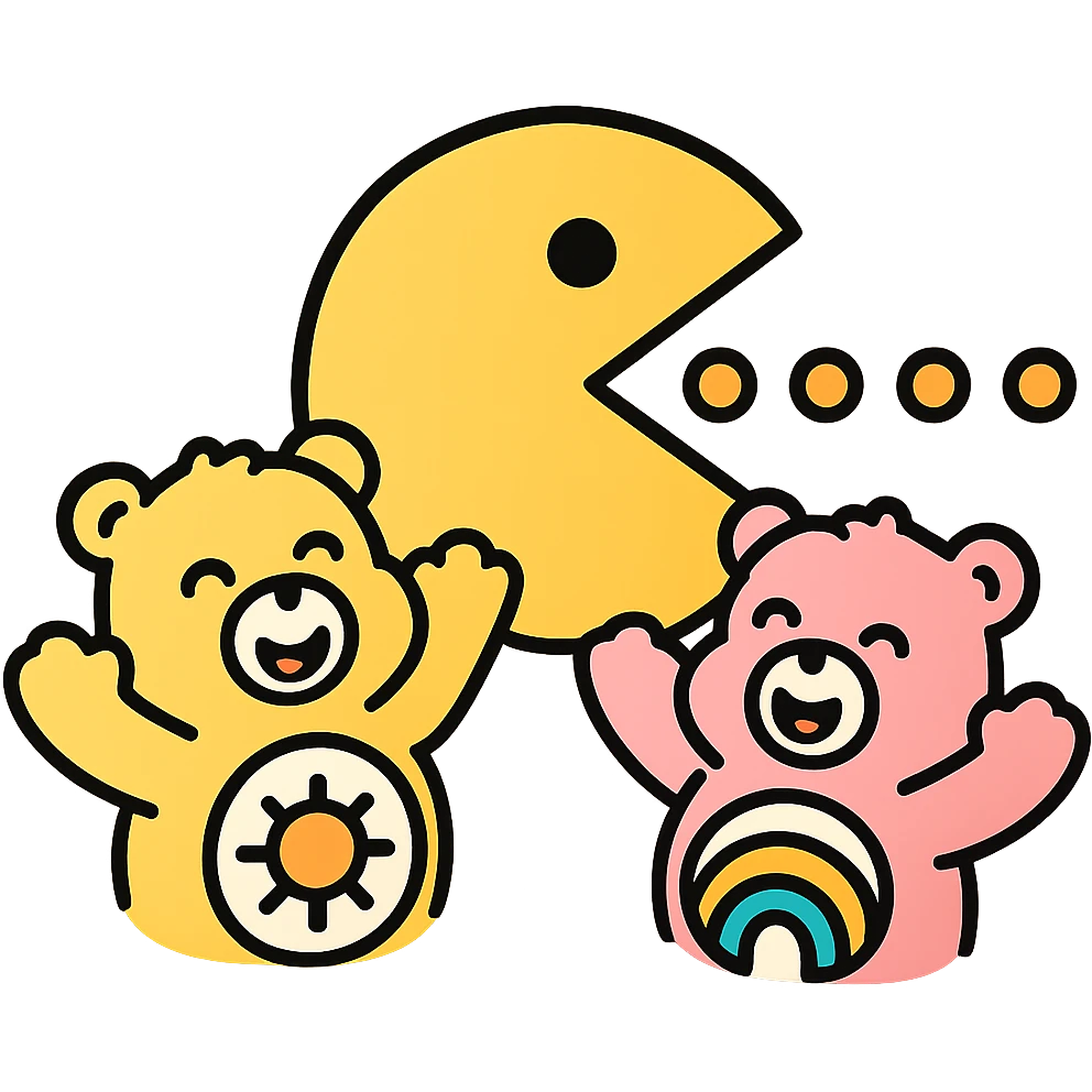 Pacman eating power pellets with Care Bears cheering, 80's arcade vibe emoji