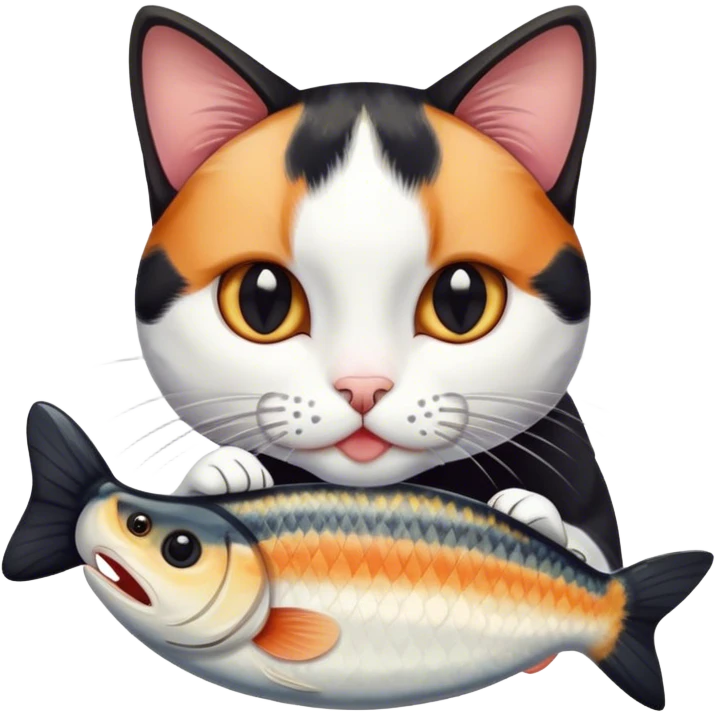 Has un gato negro y blanco hembra comiendo un pescado emoji