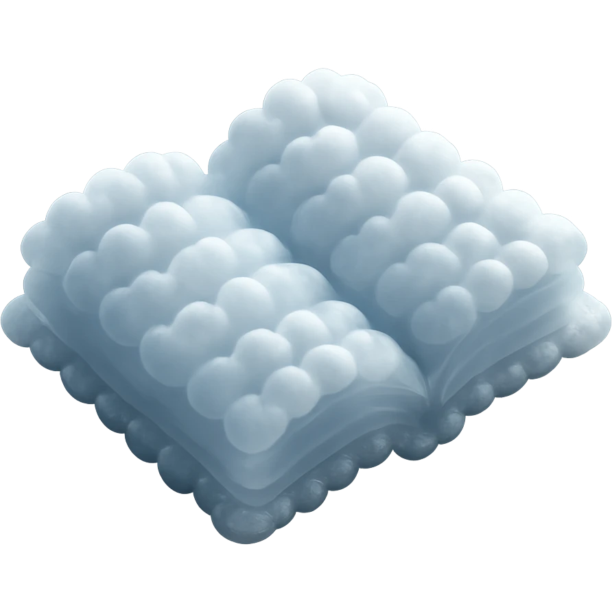 top view of a thick open book made entirely of small, very bright white fluffy convex clouds, matte glass style emoji